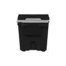 A Taiga Coolers 55 Quart Black Cooler by Taiga Coolers with a gray handle is displayed on a white background, featuring a drain plug at the bottom and a rectangular lid on top.