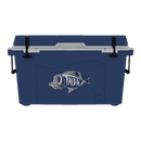 The Taiga Coolers 55 Quart Blue Cooler features black latches, side handles, and a silver fish logo on the front. The insulated cooler is closed and shown from the front against a plain white background.