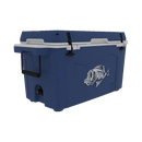 The Taiga Coolers 55 Quart Blue Cooler by Taiga Coolers, featuring a white lid, black handles, and a fish logo, is shown against a plain white background.