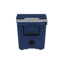 Front view of the Taiga Coolers 55 Quart Blue Cooler with a gray lid, black handle, and drainage spout near the bottom, set against a plain white background.