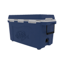 The Taiga Coolers 55 Quart Blue Cooler by Taiga Coolers features a white lid, black handles, and an embossed fish design, shown against a plain white background.