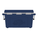 The Taiga Coolers 55 Quart Blue Cooler by Taiga Coolers features white latches, black handles, and an embossed fish design, shown against a plain white background.
