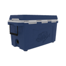 The Taiga Coolers 55 Quart Blue Cooler by Taiga Coolers features a white lid, black handle, and embossed fish design, displayed against a plain white background.