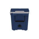 The Taiga Coolers 55 Quart Blue Cooler features a white lid, black handle, and drain plug, shown from the front against a plain white background.