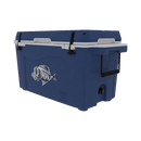 The Taiga Coolers 55 Quart Blue Cooler by Taiga Coolers features black handles, a white latch, and a fish graphic on the side, shown against a plain white background.