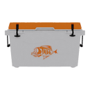 The Taiga Coolers 55 Quart Orange Cooler features a white body, orange lid, black handles, and an orange fish graphic—perfect for outdoor adventures.