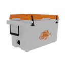 The Taiga Coolers 55 Quart Orange Cooler has a white body, orange lid, black handles and latches, and an orange fish graphic—ideal for rugged outdoor use.