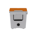 The Taiga Coolers 55 Quart Orange Cooler, featuring a black handle, is displayed against a plain white background—ideal for outdoor adventures.
