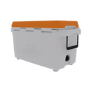 The Taiga Coolers 55 Quart Orange Cooler features a large white body, orange lid, black side handle, and drain valve—perfect for outdoor use.