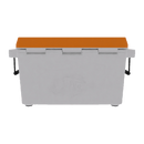 A Taiga Coolers 55 Quart Orange Cooler, white and rectangular with a closed orange lid and black handles, is shown from the front against a plain white background.