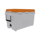 The Taiga Coolers 55 Quart Orange Cooler features a white body, orange lid, and black handle—an ideal durable outdoor cooler, shown at an angle against a plain white background.