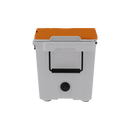 The Taiga Coolers 55 Quart Orange Cooler by Taiga Coolers is a white, rectangular outdoor cooler with black side handles and a bottom spout, displayed on a plain white background.