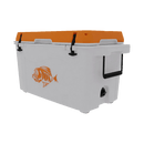 The Taiga Coolers 55 Quart Orange Cooler features a white body, black handles and latches, and a fish graphic—ideal for outdoor use.