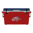The Taiga Coolers 55 Quart Red White and Blue Cooler by Taiga Coolers features a red body, blue and white lid, black handles, and a fish graphic—ideal as an insulated camping cooler.