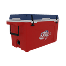 The Taiga Coolers 55 Quart Red White and Blue Cooler by Taiga Coolers features a bold fish graphic, blue lid, black handles—ideal as your insulated cooler for camping trips. Shown on a plain white background.