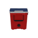The Taiga Coolers 55 Quart Red White and Blue Cooler from Taiga Coolers features a red body, blue lid, and black handle, displayed against a plain white background.