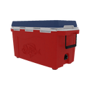 The Taiga Coolers 55 Quart Red White and Blue Cooler features a blue lid, white trim, black handle, and fish design on the side, shown against a plain white background.