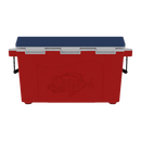 The Taiga Coolers 55 Quart Red White and Blue Cooler features a red body, blue lid, black handles, and an embossed fish design—ideal for keeping drinks and food cold on camping trips.