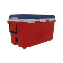 The Taiga Coolers 55 Quart Red White and Blue Cooler by Taiga Coolers features a blue lid, white latches, black side handle, and embossed fish design—ideal as a camping cooler.