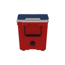 The Taiga Coolers 55 Quart Red White and Blue Cooler features a red body, blue lid, white trim, black handle, and drain—perfect for camping.