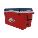 The Taiga Coolers 55 Quart Red White and Blue Cooler features a blue lid, black handles, fish graphic, insulation, and a front drain spout—ideal for camping.