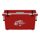 The Taiga Coolers 55 Quart Red Cooler features black handles, a white lid, and a white fish graphic on the front.