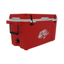 The Taiga Coolers 55 Quart Red Cooler features black handles, a white lid, black latches, and a fish logo on the side. This insulated ice chest by Taiga Coolers is set against a plain white background.