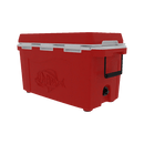 The Taiga Coolers 55 Quart Red Cooler features a white rim, black handle, and an embossed fish design on the side, shown here against a plain white background.