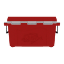 The Taiga Coolers 55 Quart Red Cooler by Taiga Coolers has a white lid, black side handles, and an embossed fish design on the front panel. This insulated ice chest is perfect for any outing.