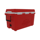 The Taiga Coolers 55 Quart Red Cooler features a white lid, black handles, and embossed fish design, shown on a plain white background.