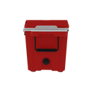 A red Taiga Coolers 55 Quart Red Cooler with a white lid and black handle, shown from the front. It has a round black drain plug near the base. The background is plain white.