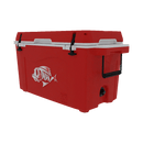 The Taiga Coolers 55 Quart Red Cooler features a bold fish graphic, black handles, and white latches—an insulated ice chest by Taiga Coolers, ideal for outdoor adventures.