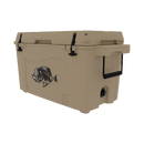 Taiga Coolers 55 Quart Tan Cooler features a stylized fish logo, black lid latches, side handle, and drain spout—designed by Taiga Coolers for superior ice retention on any adventure.