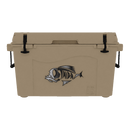Taiga Coolers 55 Quart Tan Cooler by Taiga Coolers, with black handles and latches, features a stylized fish graphic on the front. Built for superior ice retention, shown on a plain white background.
