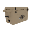 The Taiga Coolers 55 Quart Tan Cooler by Taiga Coolers has a hard-sided tan body, black handles and latches, a stylized fish graphic, and offers excellent ice retention. Displayed on a plain white background.