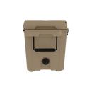 A Taiga Coolers 55 Quart Tan Cooler by Taiga Coolers, rectangular with a front handle and round drain plug, designed for superior ice retention, displayed on a plain white background.