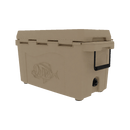 The Taiga Coolers 55 Quart Tan Cooler features a fish design, black handle, secure latches, and drain plug for superior ice retention—all shown against a plain white background.
