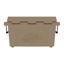 A tan, rectangular Taiga Coolers 55 Quart Tan Cooler with black side handles and a fish design embossed on the front, known for excellent ice retention, shown from the front against a plain background. Brand: Taiga Coolers.
