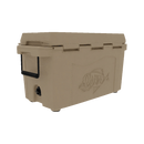 The Taiga Coolers 55 Quart Tan Cooler features a hinged lid, black handles, embossed fish design, four short feet, and a front drain for easy use and great ice retention. Shown on a plain white background.