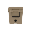 The Taiga Coolers 55 Quart Tan Cooler features a secure lid, black handle, and front drainage plug for excellent ice retention, shown against a plain white background.