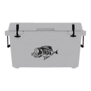 The Taiga Coolers 55 Quart White Cooler is a heavy-duty, insulated ice chest with black handles, latches, and a TAIGA fish logo—perfect for every adventure.