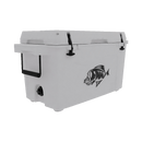 The Taiga Coolers 55 Quart White Cooler by Taiga Coolers, with black handles, latches, and a black fish graphic on the side, is displayed against a plain white background.