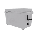 The Taiga Coolers 55 Quart White Cooler is a heavy-duty insulated cooler with a sturdy lid, black handle, and drainage spout, shown against a plain white background.
