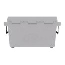 The Taiga Coolers 55 Quart White Cooler by Taiga Coolers is a rectangular, heavy-duty insulated cooler with a hinged lid and black side handles, shown from the front on a plain white background.