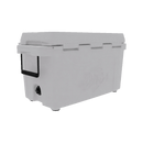 The Taiga Coolers 55 Quart White Cooler is a heavy-duty insulated ice chest with a black handle and drain spout, ideal for portability. Shown on a plain white background.