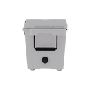 The Taiga Coolers 55 Quart White Cooler by Taiga Coolers features a lid, black handle, and drainage spout, offering heavy-duty insulation. Shown against a plain white background.