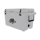 The Taiga Coolers 55 Quart White Cooler by Taiga Coolers features black handles and latches, a fish graphic, and heavy-duty insulation—making it the ideal portable ice chest for any adventure.