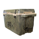The Taiga Coolers 55 Quart Woodland Camo Cooler by Taiga Coolers features sturdy rope handles, a beige lid, and an embossed fish design—perfect as an insulated hunting cooler for outdoor adventures.
