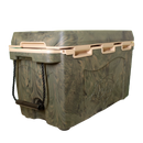 The Taiga Coolers 55 Quart Woodland Camo Cooler by Taiga Coolers features a rope handle and embossed fish logo, offering style and function for hunting trips—shown on a plain white background.