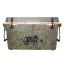 The Taiga Coolers 55 Quart Woodland Camo Cooler features black latches, rope handles, and a stylized fish logo with “OAAICA”—perfect insulation for your next hunting trip.